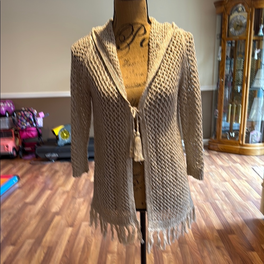 J. Jill size XS open knit open front cardigan with tassel tie and hood